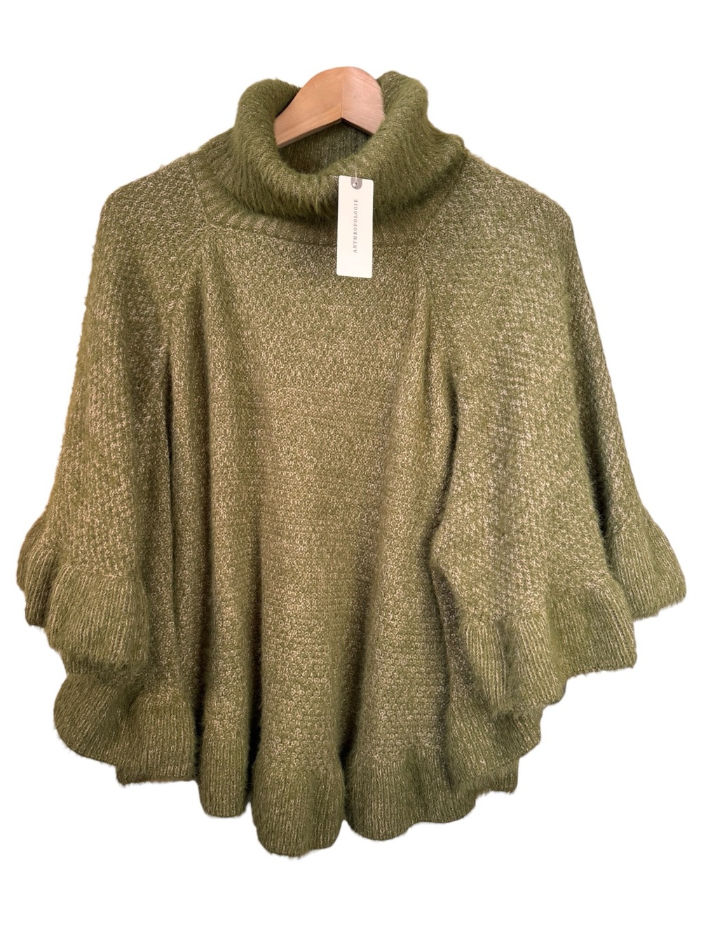 By Anthropologie Ruffled Turtleneck Poncho One Size NWT Moss Green Sweater